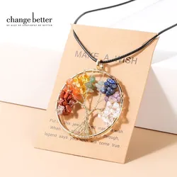 Change Better 7 Chakras Tree Of Life Pendant Necklace Gold Color Wisdom Natural Crystal Chip Beads Reiki Healing Jewelry Gift