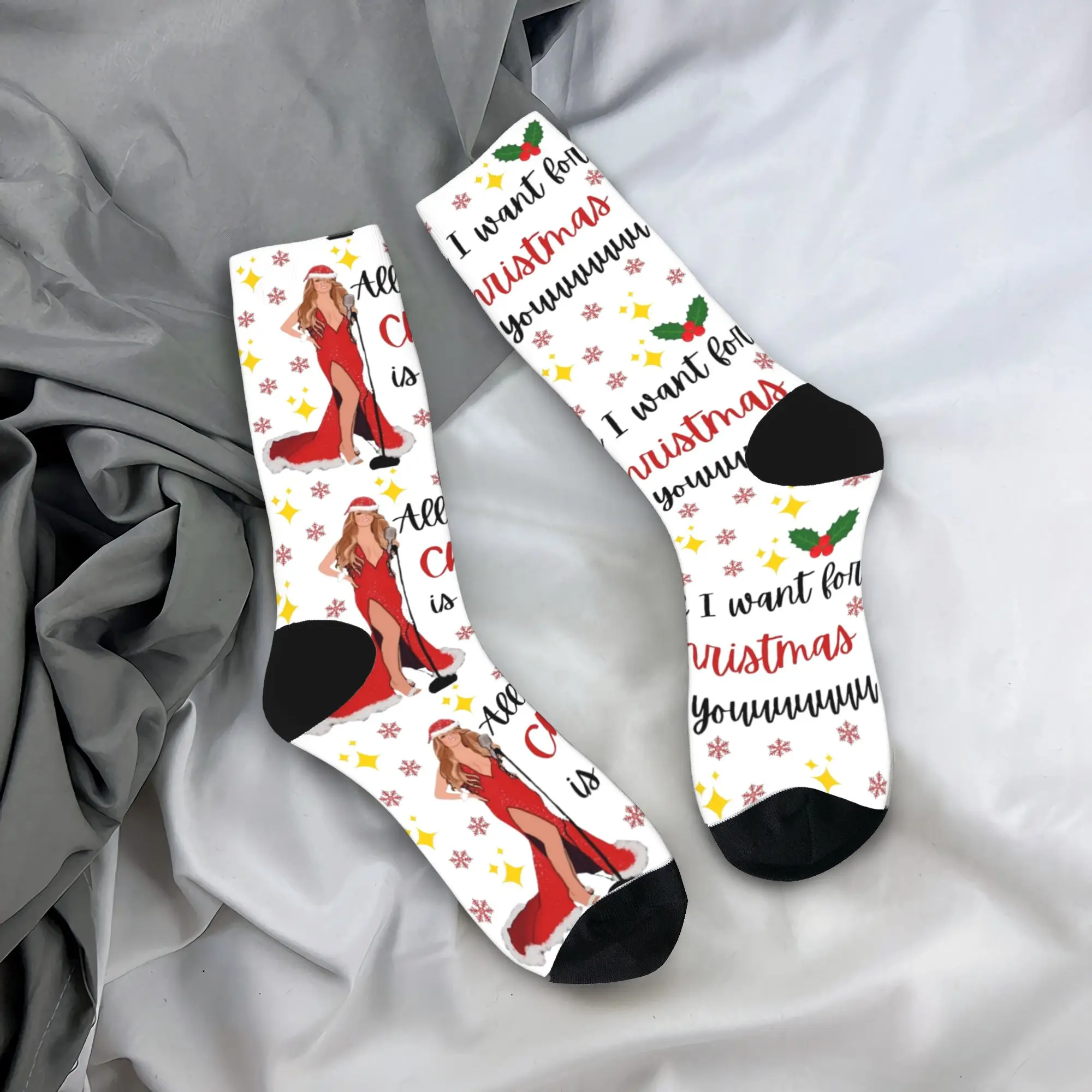 Mariahs Stockings  Carey snowflakes Graphic Vintage Socks Spring Anti Sweat Socks Adults Men Cycling Soft Socks