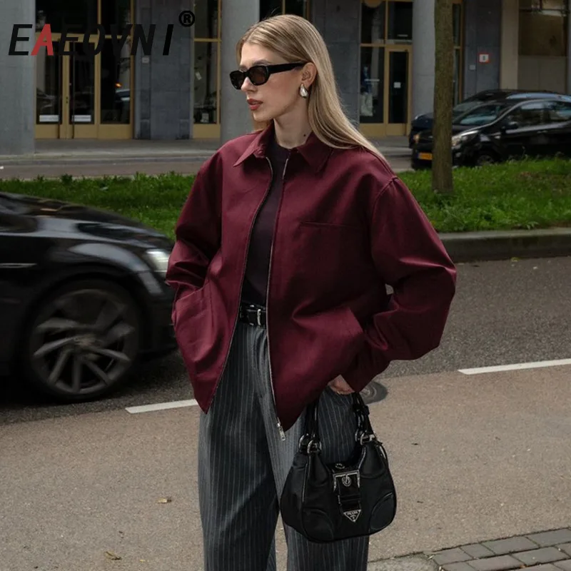 

EAEOVNI 2025 Autumn New Women Jacket Outerwear Solid Color Long Sleeve Zipper Streetwear Short Coat Office Lady Clothing