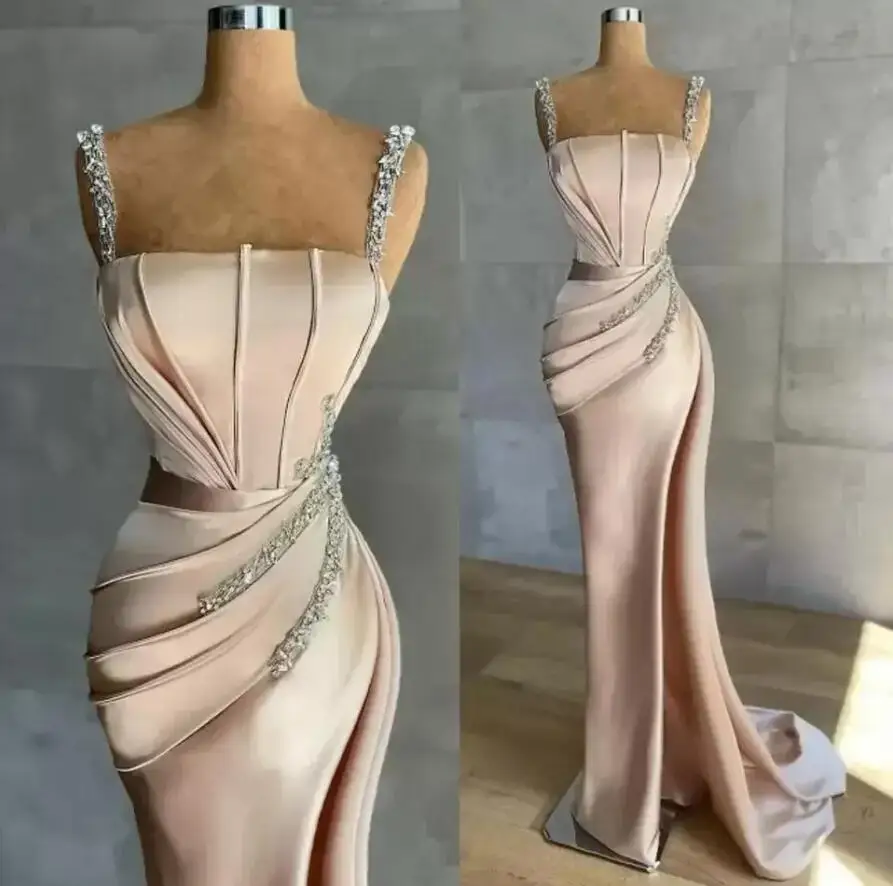 Charming Satin Mermaid Evening Dresses Crystal Beading Exposed Boning Prom Gowns Pleats Party Women Formal Celebrity Vestido De