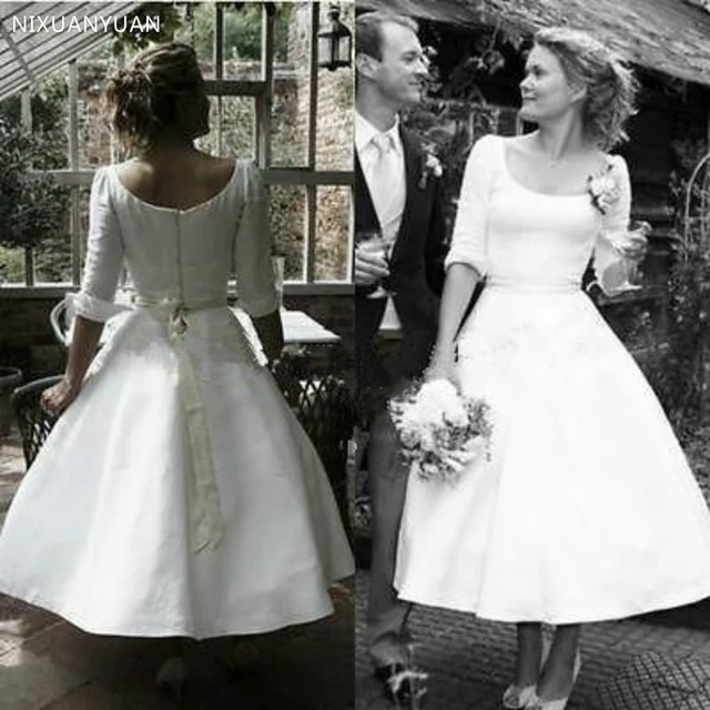 Vintage Tea length 1920s Wedding Dresses With Half Sleeve 2022 Plus Size Sash Belt Country Garden Short Beach Wedding Gown Wedding Dresses AliExpress