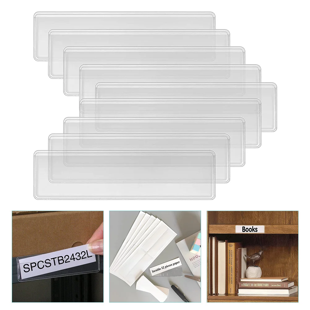 

50pcs Folder Label Stickers Adhesive PVC Holders Clear Pocket File Organizer Business Card Protectors Stick On for Bookshelves