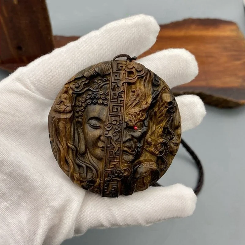 

Hand wood carving One thought of Buddha and one thought of devil Pendant Amulet
