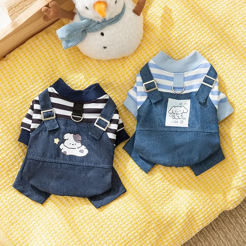 

Pet Cute Printed Denim Bib Pants Teddy Winter Clothes Bichon Striped Four Legs Clothes Puppy Warm Clothes Wholesale