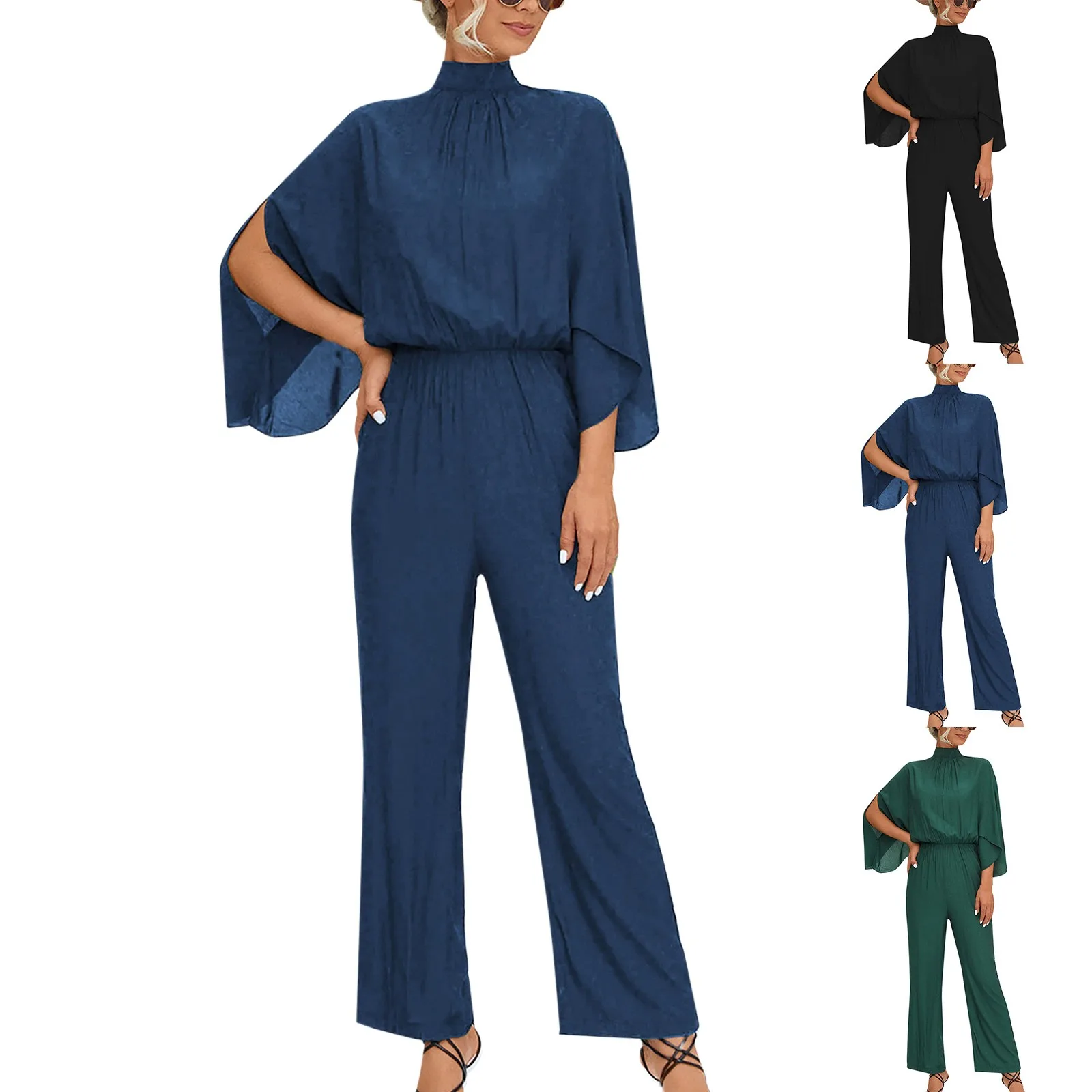 Women's Streetwear Jumpsuit Elegant 3/4 Batwing Sleeve Turtleneck Casual Romper Solid Color High Street Bib Overall Monos Largos