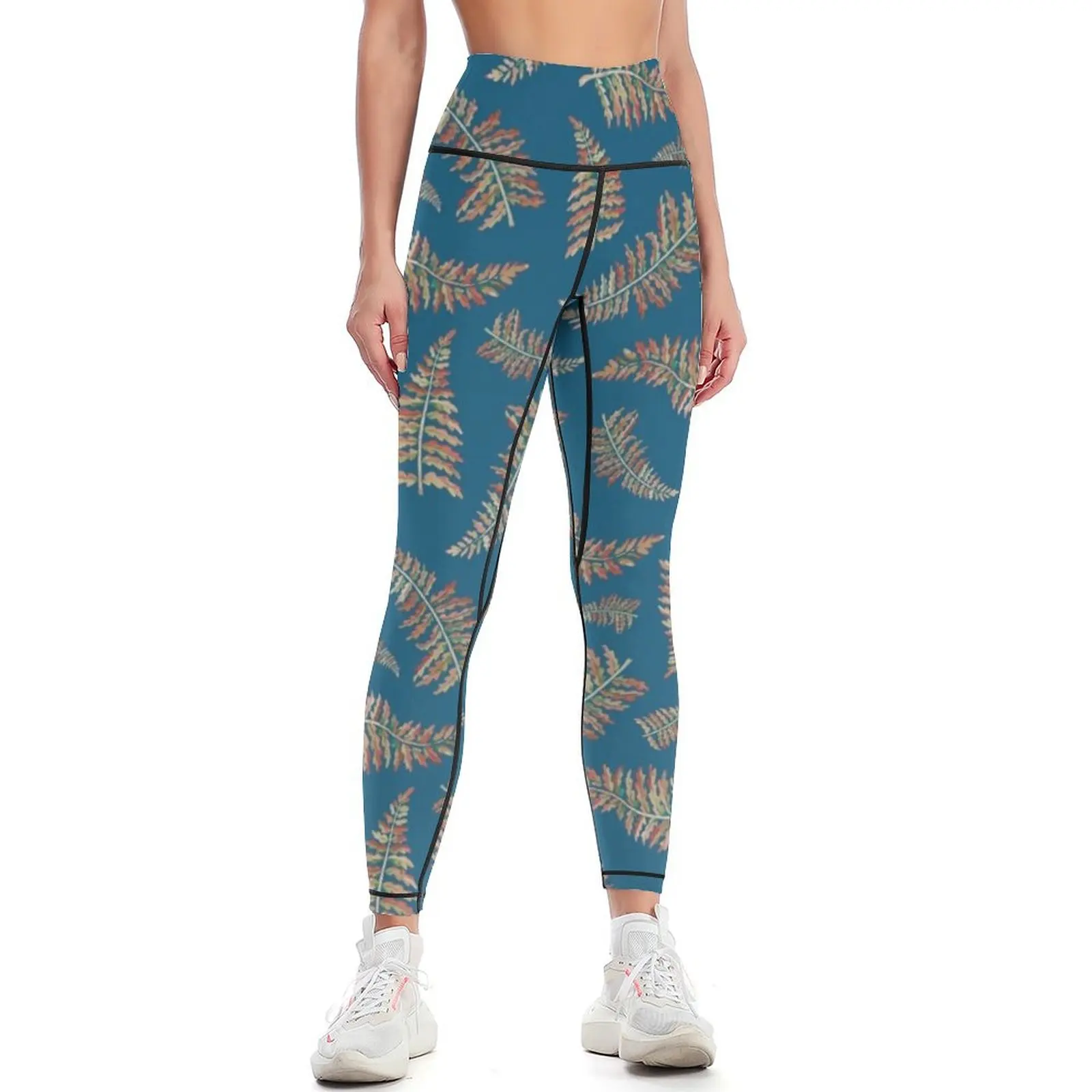 

Watercolour Fern Pattern in Teal and Orange Leggings Golf wear Women's trousers sport pants Womens Leggings