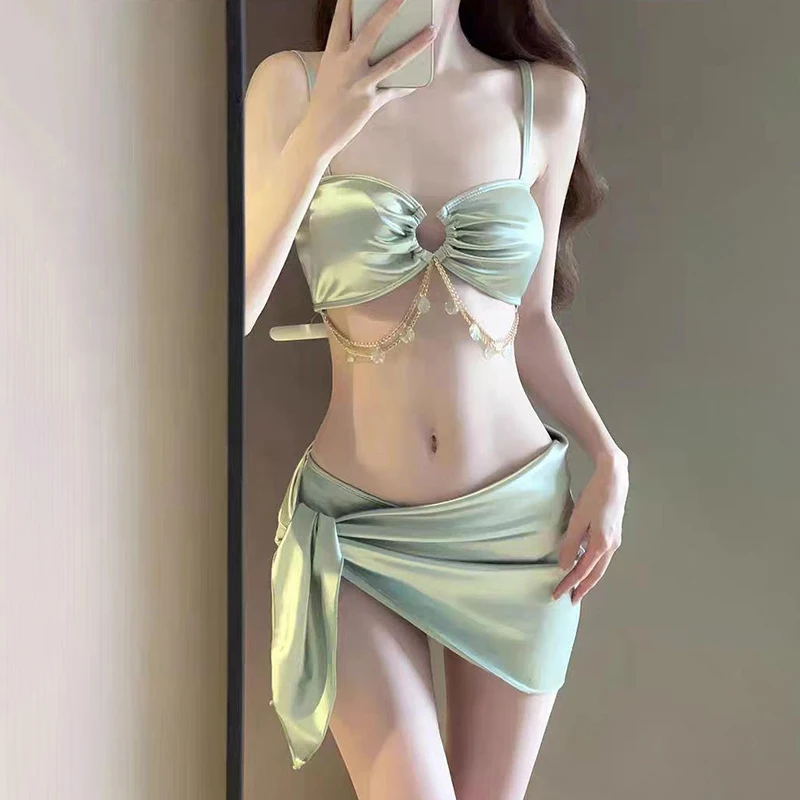 بدلة سباحة نسائية من الحرير الجليدي بيكيني مثير بحواف هامشية للتخسيس قطعة واحدة بدلة استحمام صيف 2025 Instagram Beachwear فستان للإجازات #4