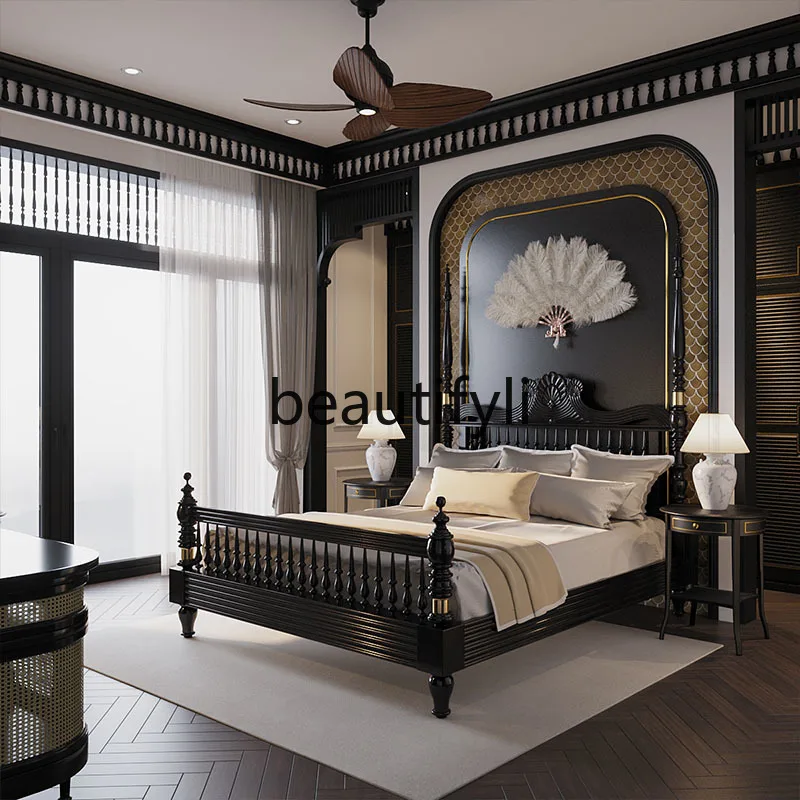 

French retro black solid wood home 1.8 double bed American master bedroom 2 meters 1.5 princess bed