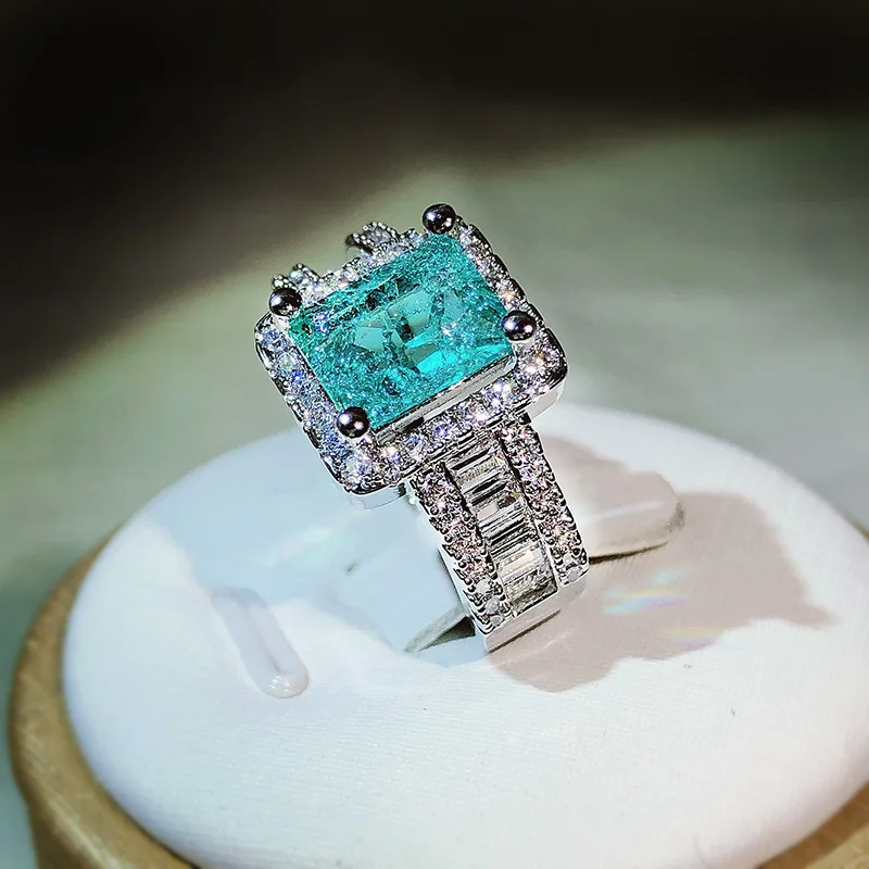 925 srebro New Arrival z bawełnianą wełną imitacja naturalnego Paraiba pełny pierścionek z brylantem dla kobiet biżuteria na przyjęcie urodzinowe na prezent — zdjęcie 4