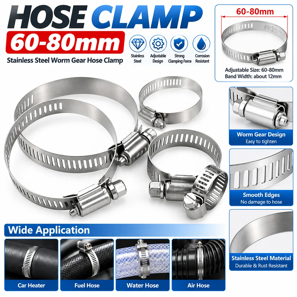 60-80mm Stainless Steel Worm Gear Hose Clamp Adjustable Pipe Clamp for Car Heater Fuel Water Air Hose