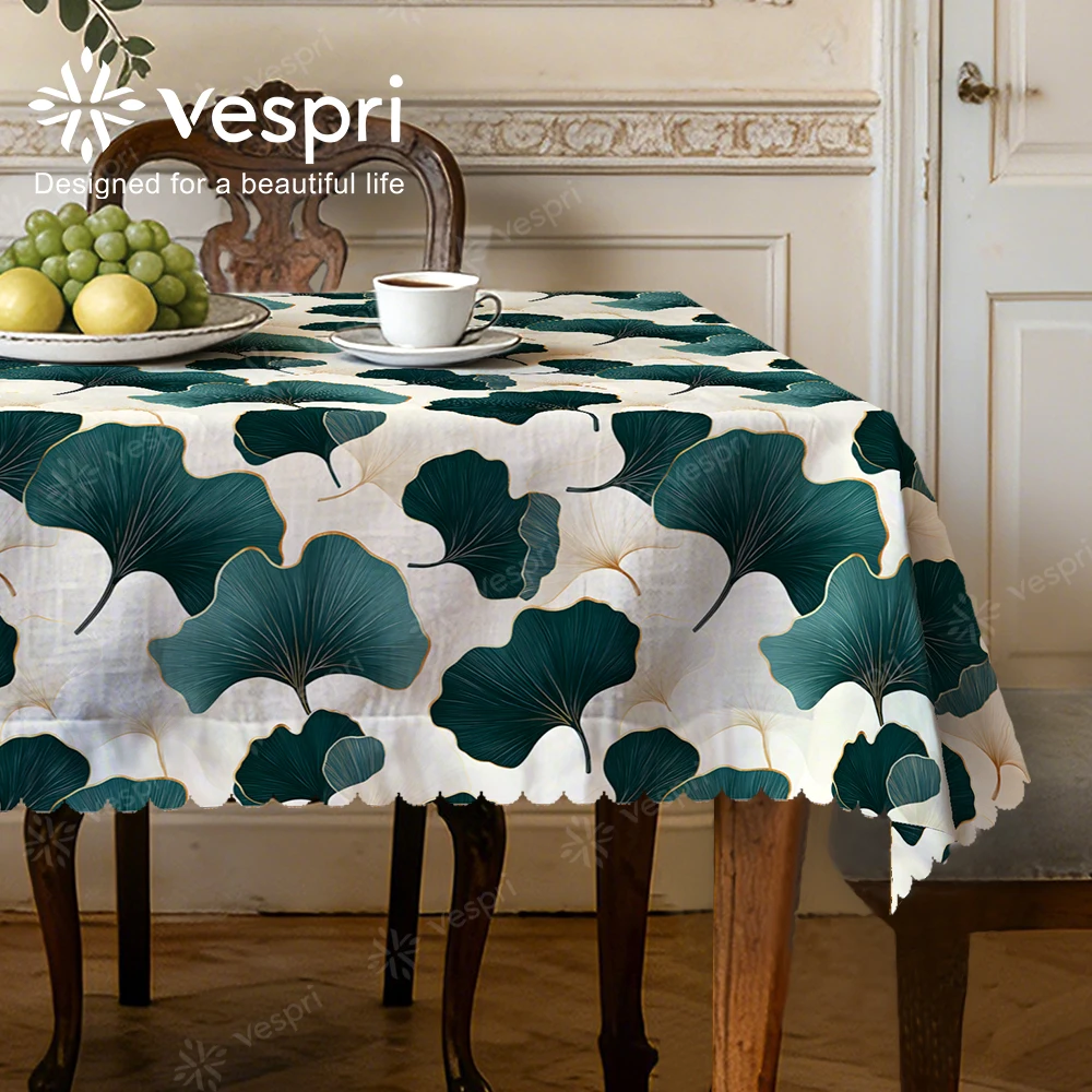 Vespri Frühlingstischdecke Blumenmuster Ostern Grün Weiß mit Ginkgoblättern Blumen Früchten Rund Rechteckig Oval