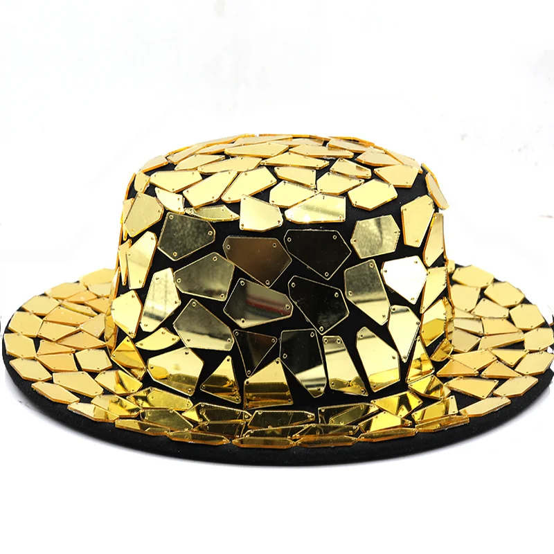 

Wide Brim Fedora Hat For Men Women gold Full Sequins Bling Rhinestone Felt Top Hats Wedding Ceremony Cap Stage hat singer hat