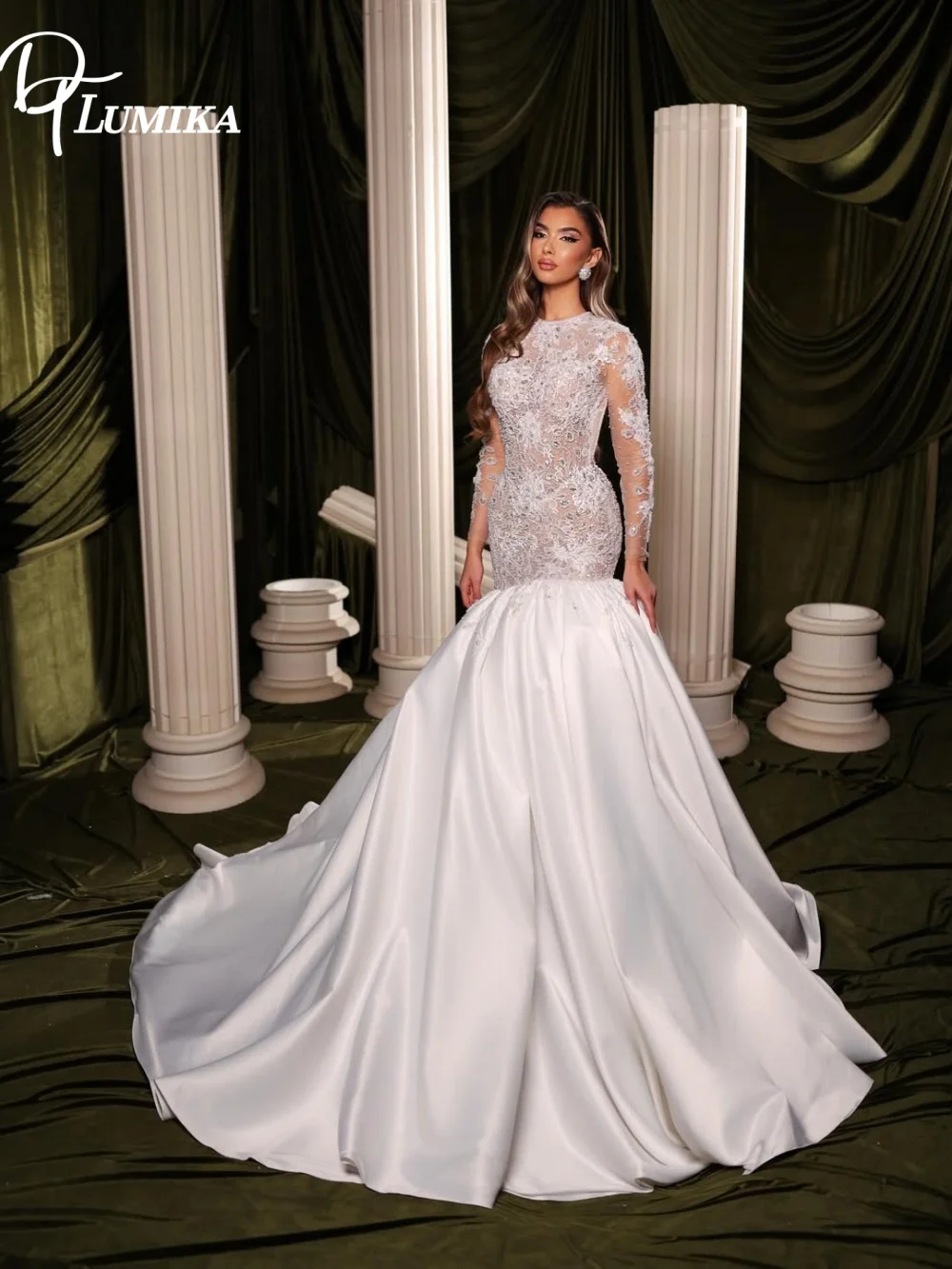 

Роскошное свадебное платье-русалка с бисером и кружевом, с длинными рукавами, иллюзорное, для невесты, в пол, на заказ, Vestido De Novia