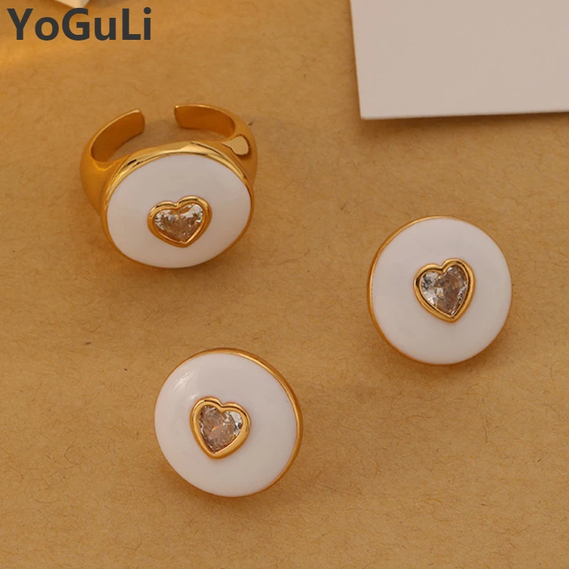 Trendy Jewelry Set  Round Heart Earrings Rings For Women Sweet Design Pink White Blue Earrings Open Adjustable Rings For Girl