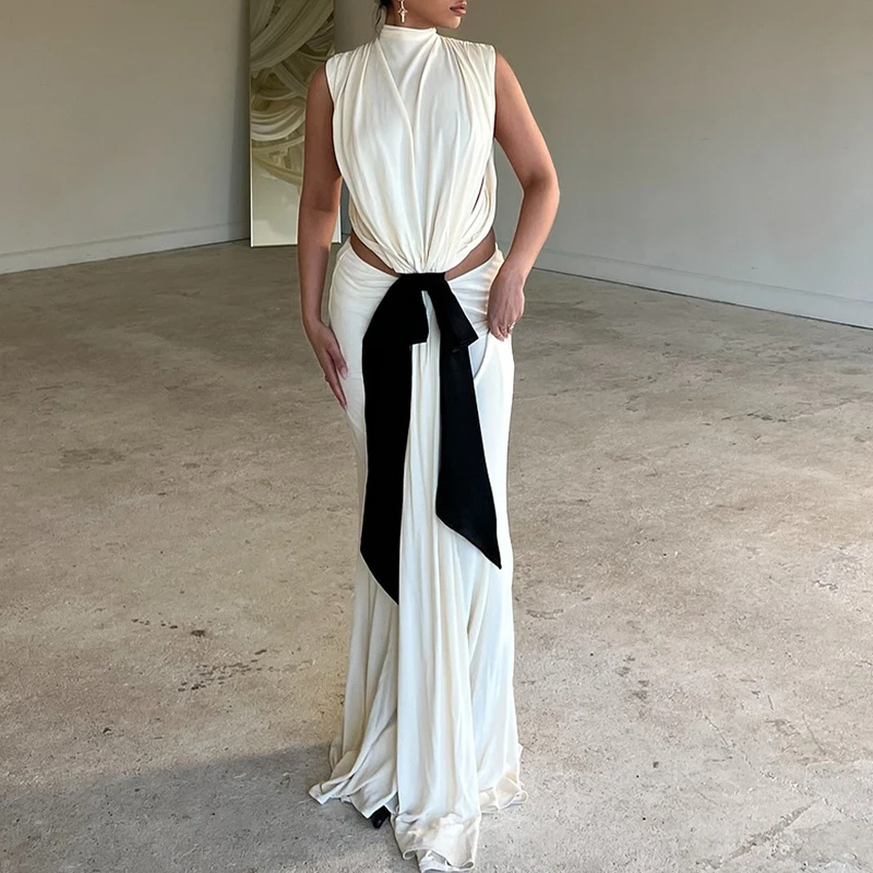 

2025 Elegant Pleated Robe Dress Color Blocked Bow Hollow Out Waist Party Dress Lady Casual O Neck Sleeveless Solid Summer Dress