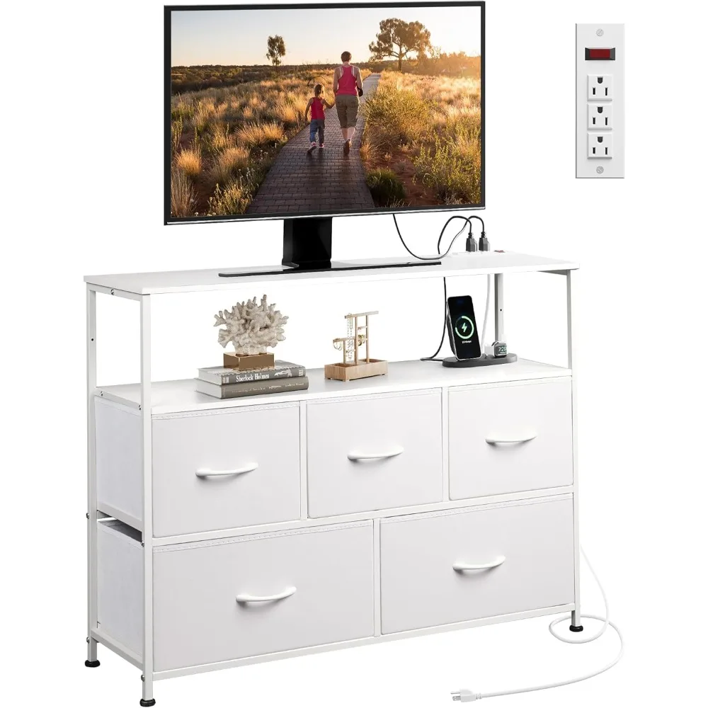 

Dresser for Bedroom with 5 Fabric Drawers, Entertainment Center with Open Shelf and Power Outlet for 45 inch TV, Dresser