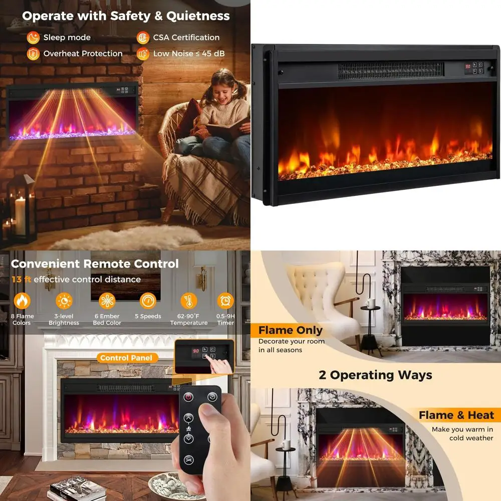 

Электрический встраиваемый камин 1500 Вт, 26 дюймов, с многоцветным пламенем, хрустальной крошкой, пультом ДУ, таймером на 9 часов и функциями безопасности