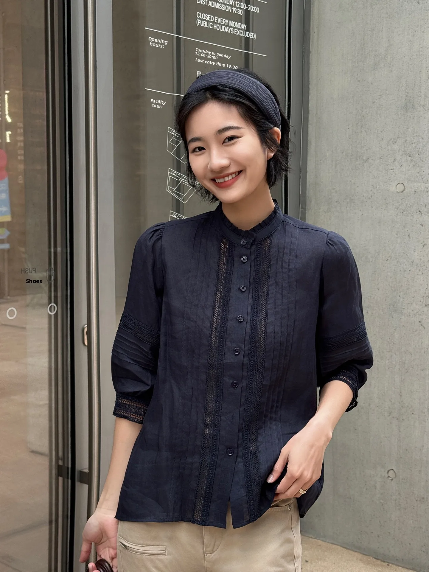 

Breathable Lace Loose Stand Collar Linen Pleated Design Spring New Women's irt Comfortable Long Sve Button Closure Pure ...