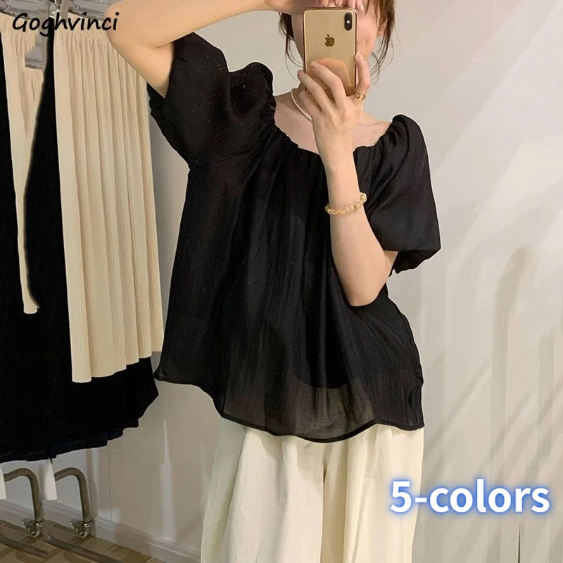 Blouses Women Casual Gentle Ladylike Summer Shirring Korean Style Prevalent Temperament Simple All-match 5-colors Fairycore Tops