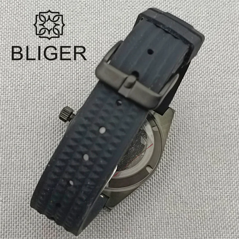 BLIGER 38mm Mechanical Mens Diver Watch Sapphire Glass Japan NH36A Autoamtic 100M Black White Dial Luminous Waffle Rubber Strap