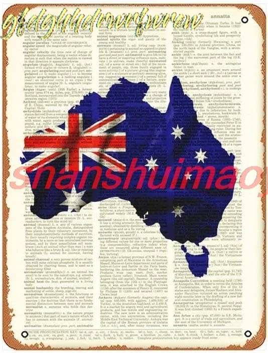 ออสเตรเลีย Art Australian Flag Silhouette แผนที่ Upcycled Vintage Dictionary Page Book - ป้ายดีบุก 12 X 8 นิ้วเหมาะสําหรับ