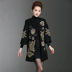 High End Moth's Cashmere Woolen Coat Autumn Middle aged Women's Embroidered Wool Jacket New Loose Ethnic Style Wedding Overcoat