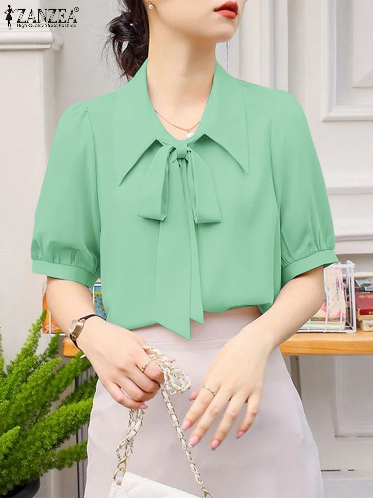 

ZANZEA Women Summer Office Work Blouses Elegant Short Sleeve Bow Tie Shirt Casual Lapel Neck Blusas Tunic Stylish Solid OL Tops