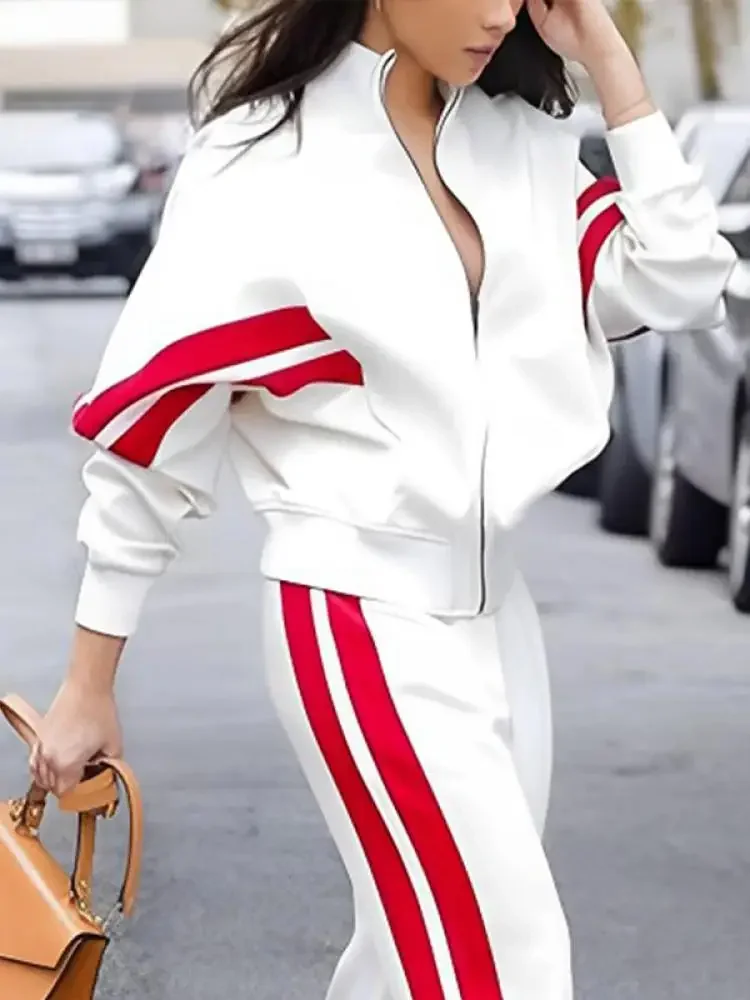 

Bohohipei Women Fashion Long Sleeves Striped Stand Collar Zipper Jackets & Casual Loose Elastic Waist Straight Pants 2024 New