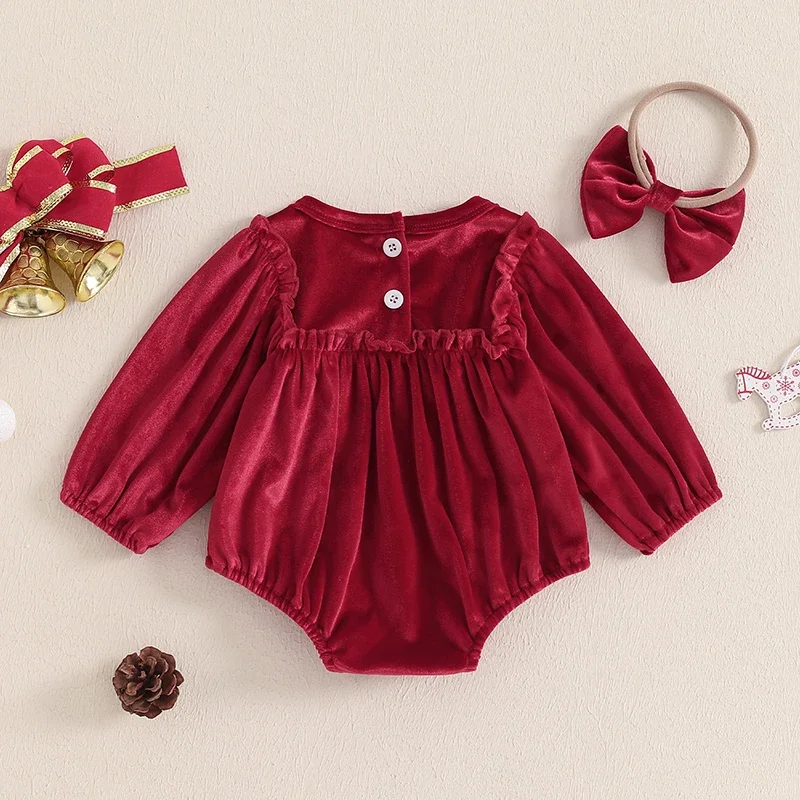 Baby Girls Christmas Romper Solid Color Round Neck Long Sleeve Velvet Jumpsuits with Headband Newborn Xmas Clothes