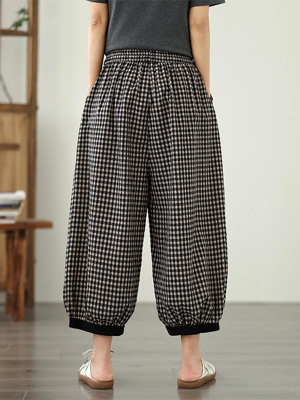 Retro algodão linho xadrez lanterna calças femininas verão fino cintura alta drape casual solto emagrecimento linho calças de sete pés