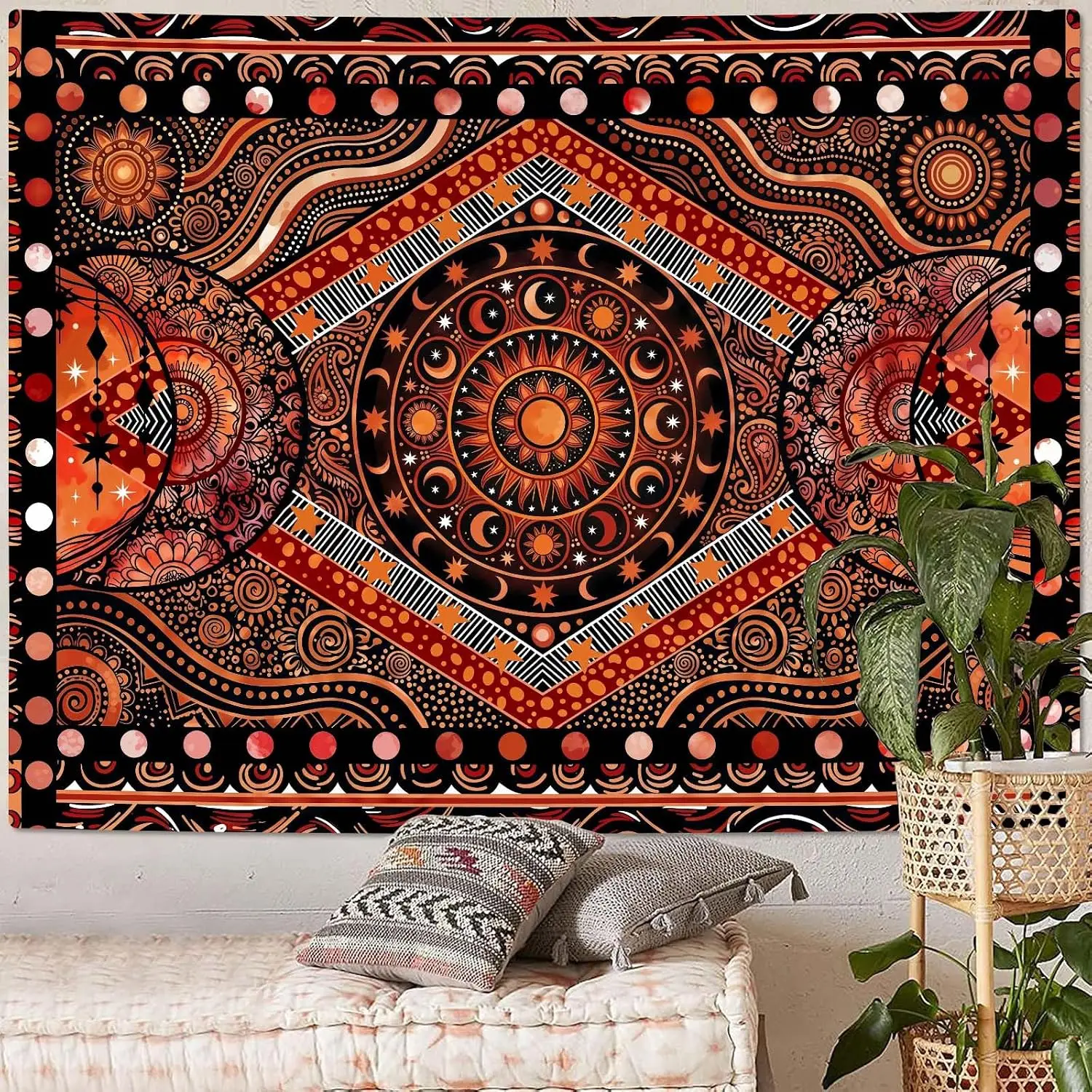 Bohemian Mandala Tapestry, Black Background Sun Moon Ethnic Art Wall Hanging, Cozy Mystic Home Background Cloth Decor