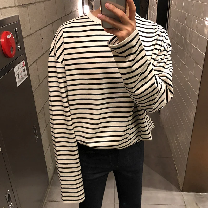 New Spring Men's Long Sleeve T-shirt Casual Loose Striped Top 2022 Korean Fashion Base Tee O-neck Oversized Tops 2Y5532