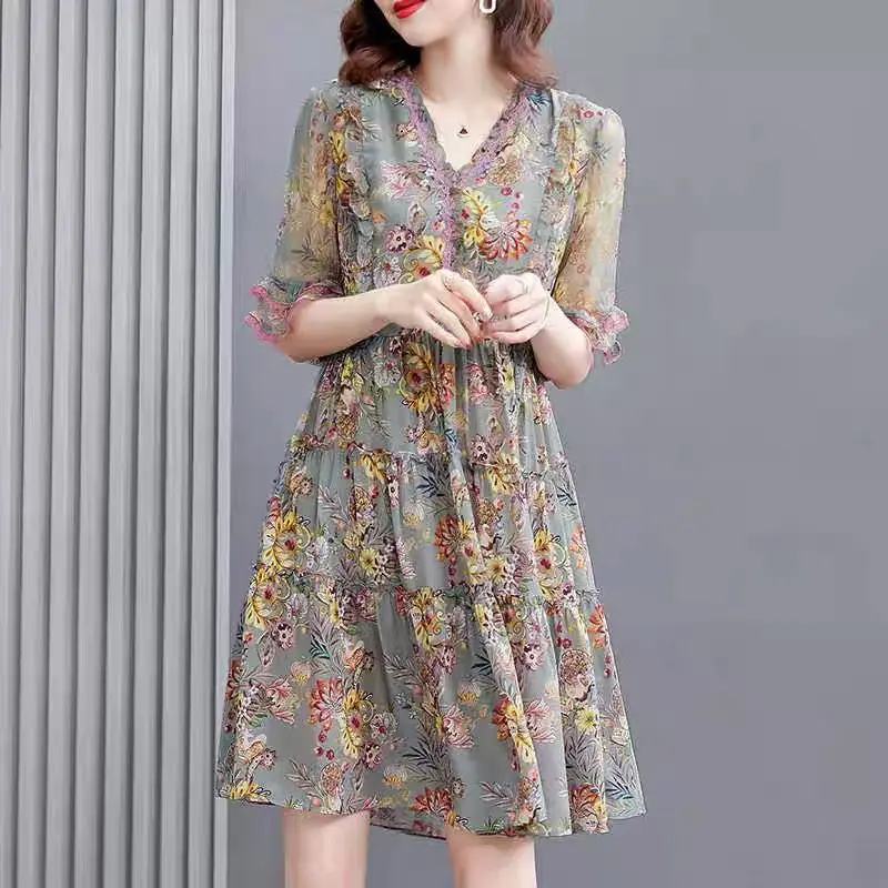 Elegant V-Neck Spliced Lace Butterfly Sleeve Floral Dress Women Clothing 2024 Summer New Loose Office Lady Mini Dress