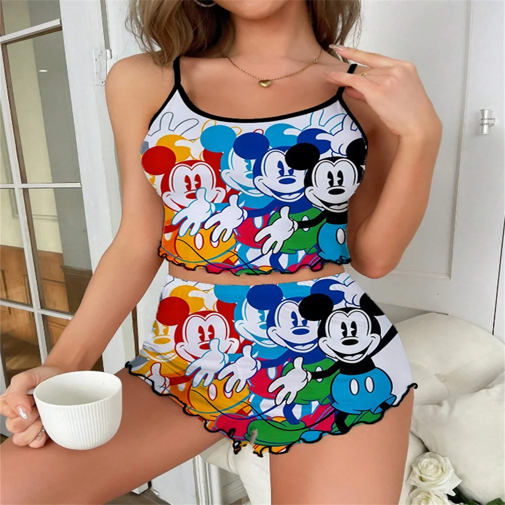 Sexy Chic Two Pieces Set of Women's Nightwear Summer Sleevesless Female Pajama Mickey Pattern Suspender Sleepwear for Women