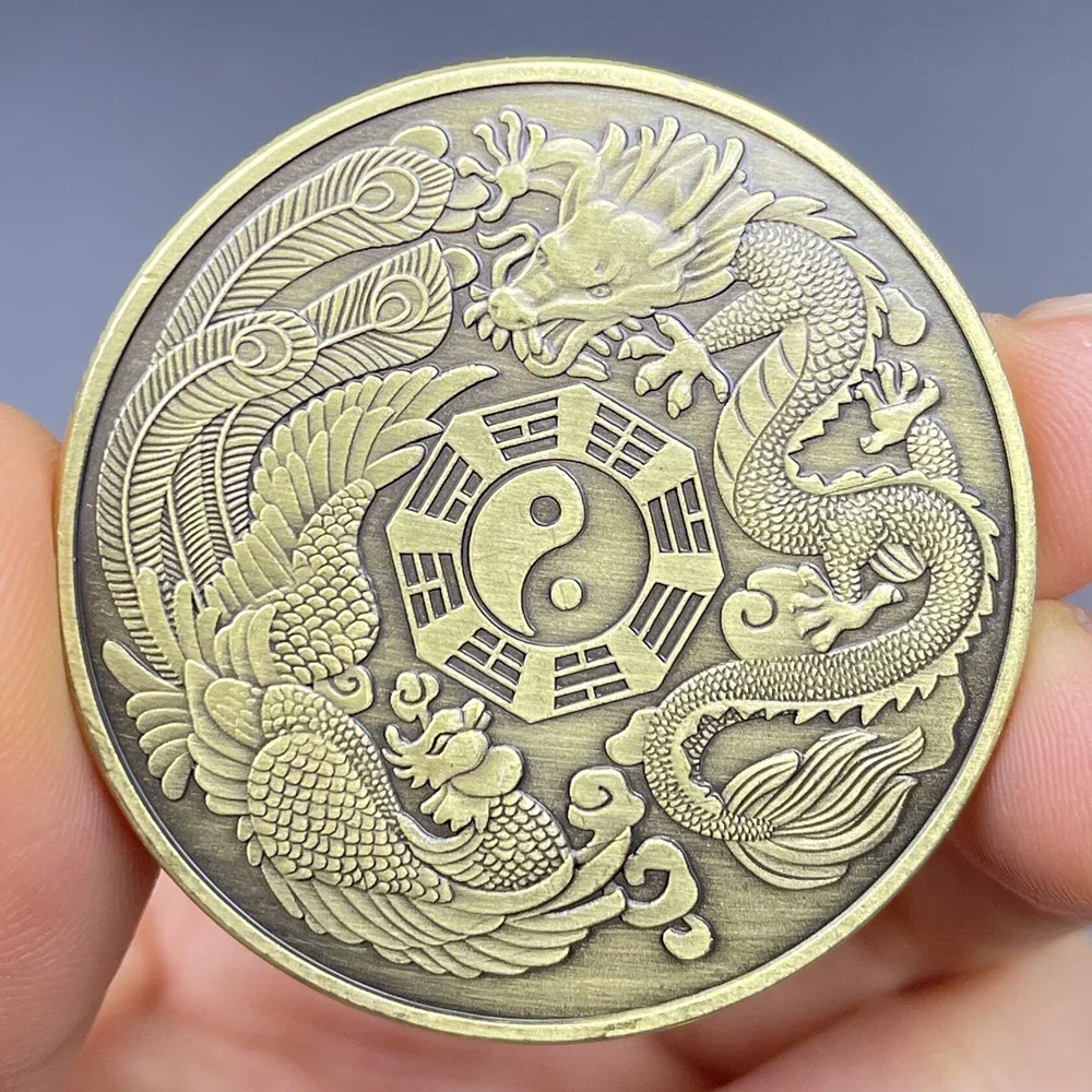 Ancient Bronze Taiji Challenge Coin Eight Diagram Collection Mainland China，Chinese Dragon and Phoenix Bring Luck Coin