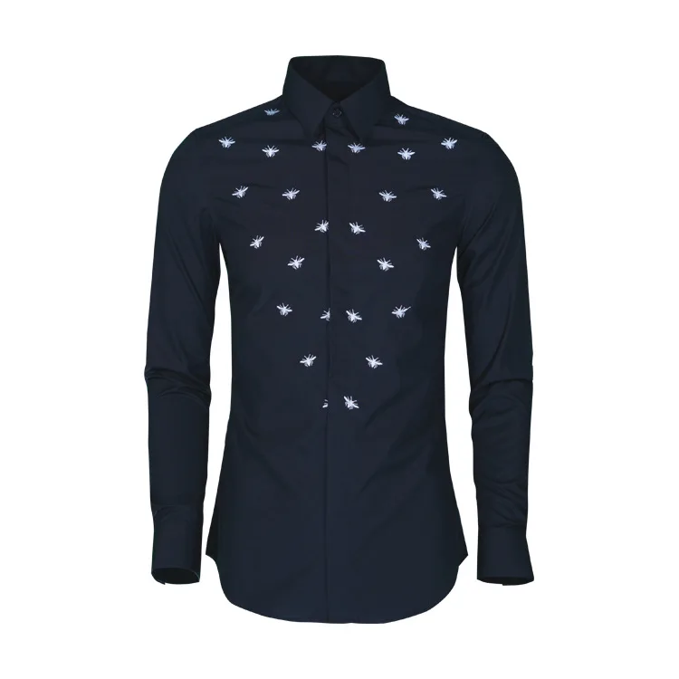 Men's Embroidered 3D Embroidered Celebrity Same Style Long Sleeve Shirt Slim Fit Trend