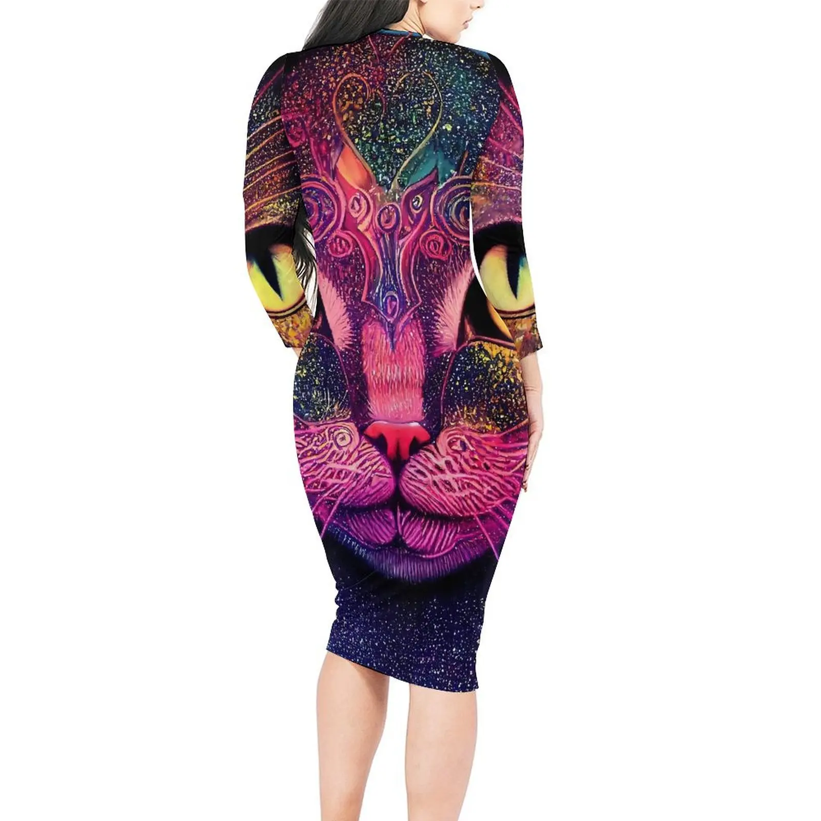 Magische Katzen Kleid Langarm Tier druck hübsche Kleider Urlaub weibliche ästhetische Grafik Bodycon Kleid große Größe 4xl 5xl