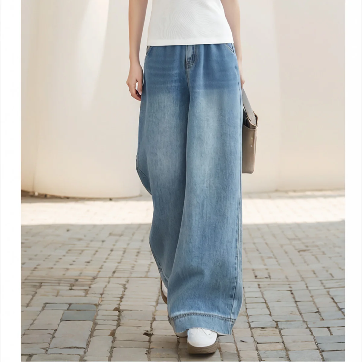 VIMLY 2025 Summer Women's Casual Denim Pants Washed High Waisted Straight Simple Office Womenwear Loose Wide Leg Trousers 75016
