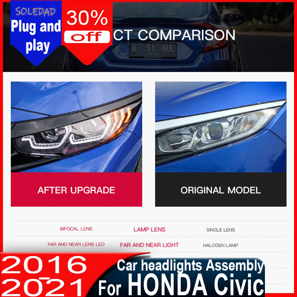 Car headlights for Honda Civic 2016 2017 2018 2019 2020 2021 Head Light DRL Turn Signal Low High Beam Projector Lens