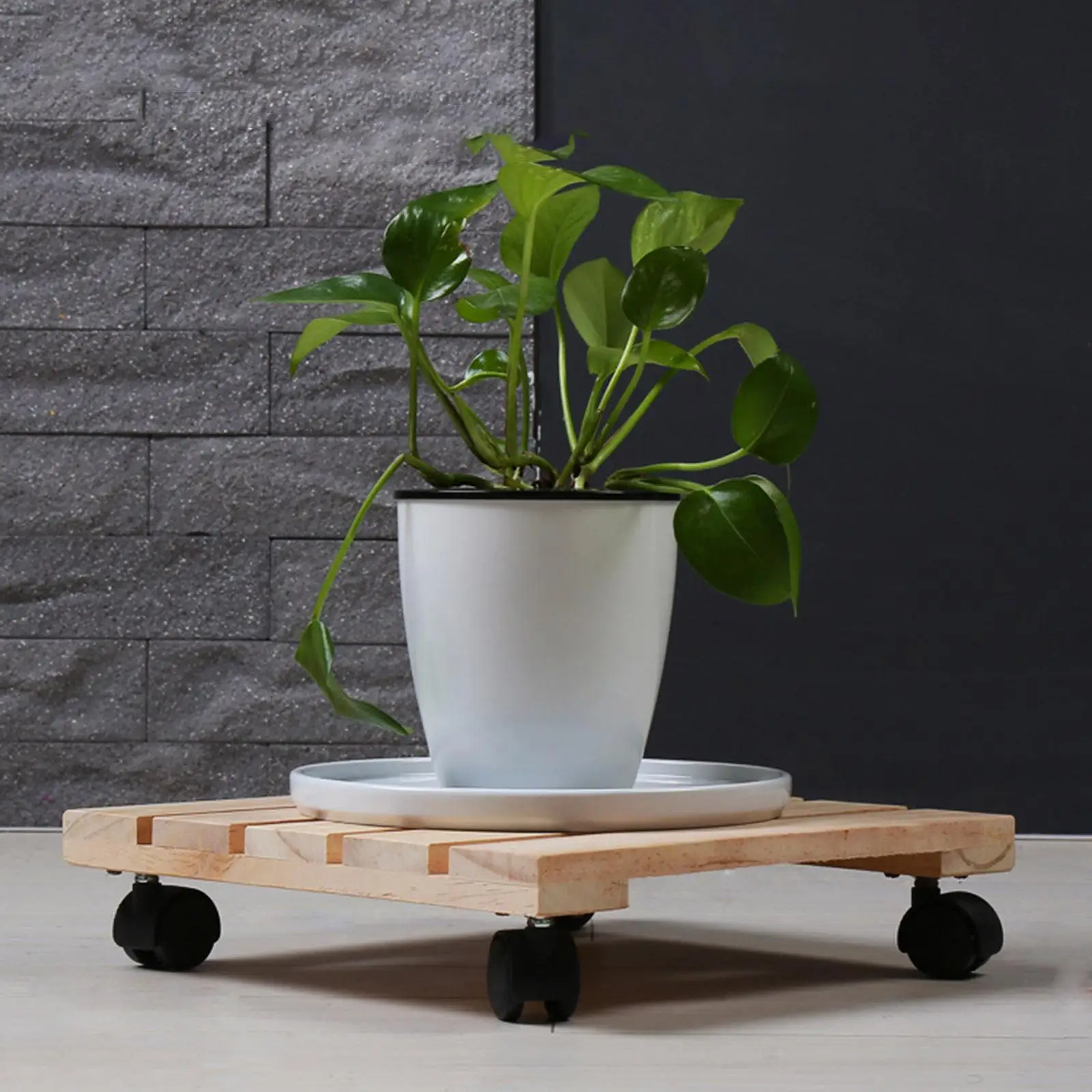 Planter Stand with Wheels Flower Vase Moving Trolley Garden Planter Flower Rolling Tray Wooden Planter Caddy