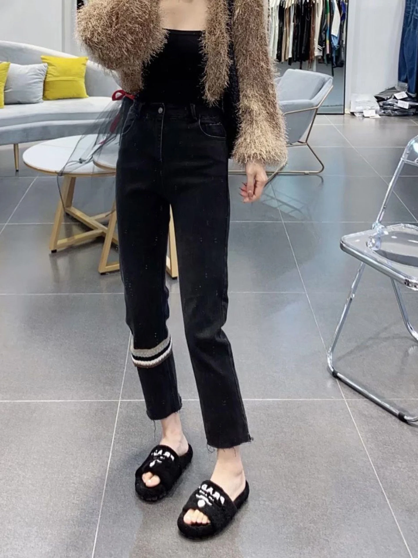 High Waist Slim Fit Denim Capri Pants Women's Fashionable Trendy Patchwork Stretchy Nine Points Pants Autumn New Style