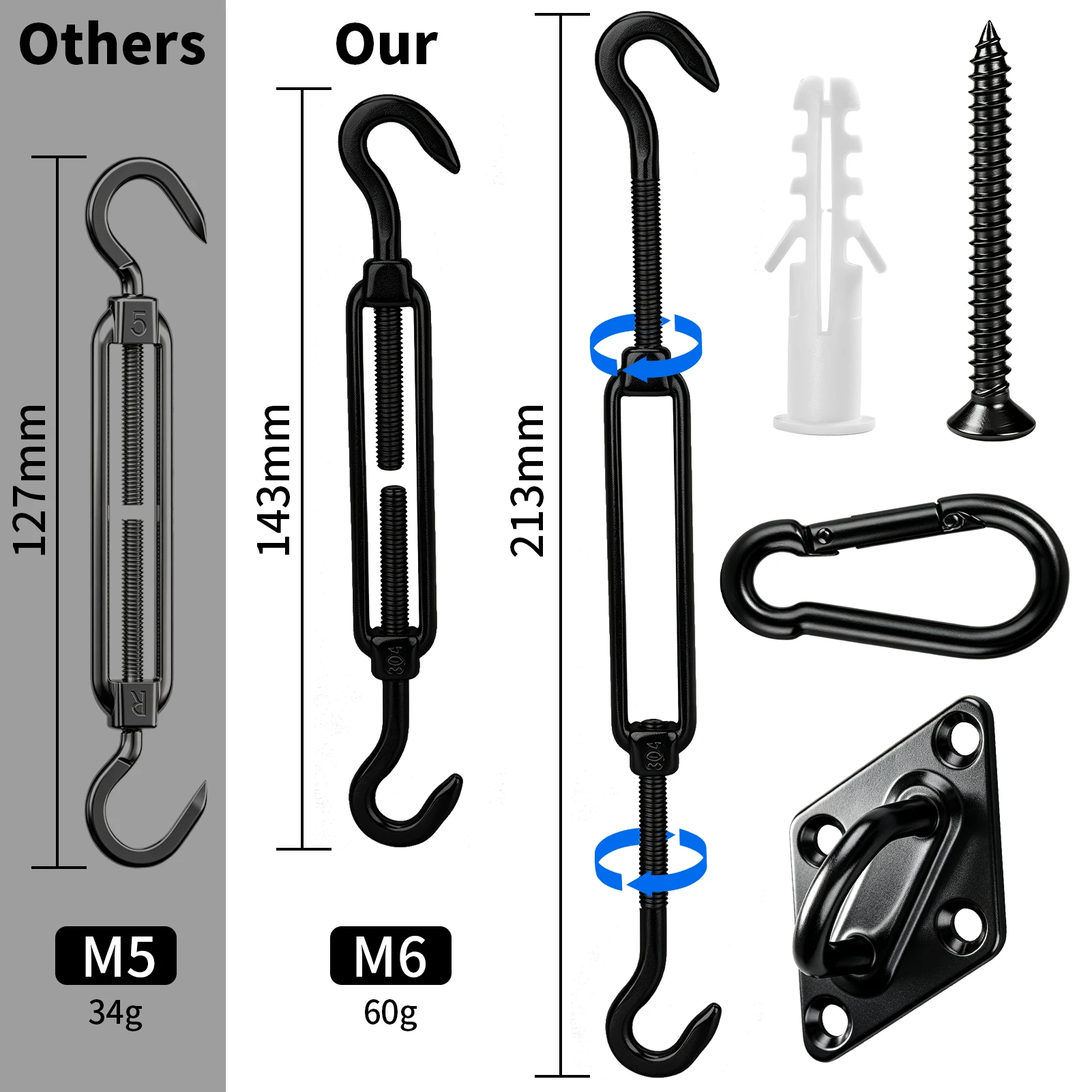 44Pc Sun Shade Sail Hardware Kit 304 Stainless Sunshade Hardware for Rectangle & Triangle Shade Sail Installation Canopy Accesso