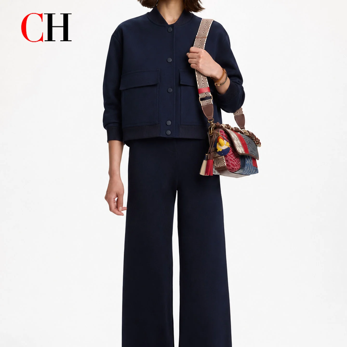 CH Women's Navy Blue Er Jacket Short Button-down Work Jacket With Pocket Casual Street Style Jacket Suitable Spring Autumn