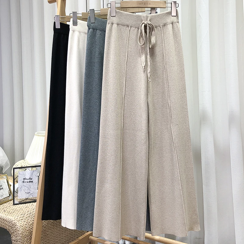 

Thicken Wide Leg Knitted Pants Women Winter Chic Stripe Loose Trousers Femme Casual Full Length Warm Sweater Pants