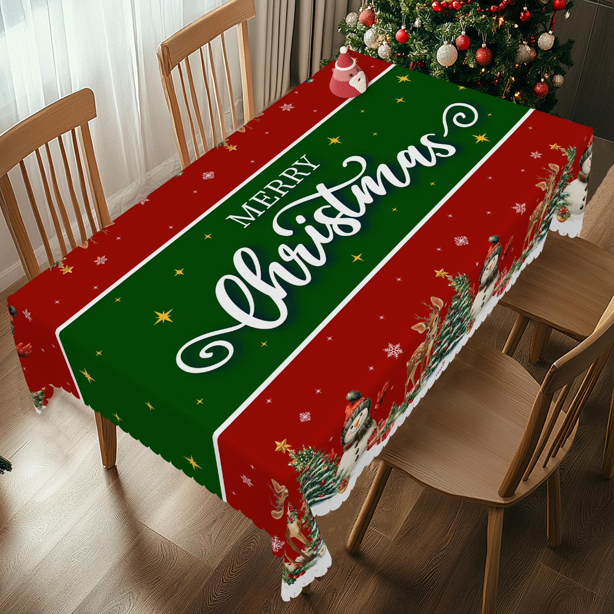 1-teilige runde Weihnachtstischdecke, erhältlich in verschiedenen Größen, Weihnachtsschneemann und Weihnachtsbaum-Tischdecke mit rotem bedrucktem Muster, Weihnachts-Innenhof-Tischdecke, geeignet für