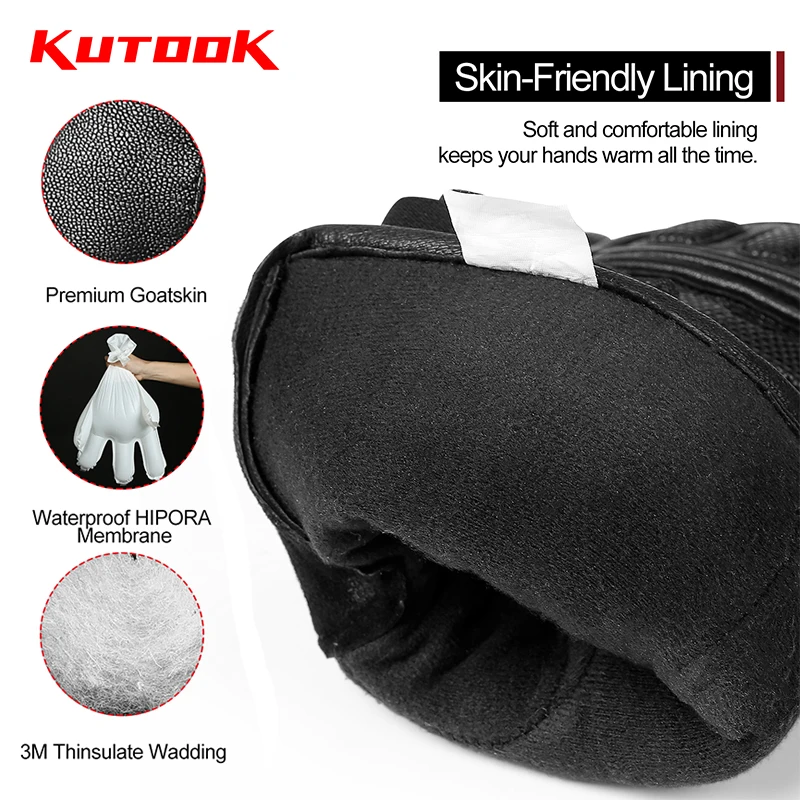 KUTOOK Goat Skin Ski Gloves Winter Thermal Skiing Snow Gloves Leather Snowmobile Mitten Snowboard Gloves Waterproof  Anti Wear