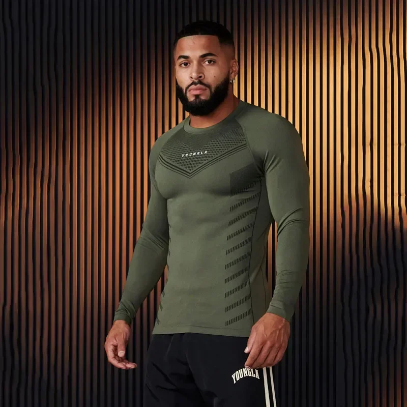 

YOUNGLA American spring and autumn new men's long sleeve T-shirt gym sports fitness quick drying breathable elastic base shirt