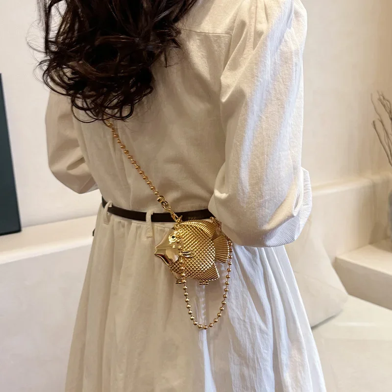 

2025 New Mini Bag for Women! Light Luxury Small Fish Metal Chain Bag — Lipstick Compartment, Multi-Way Wear