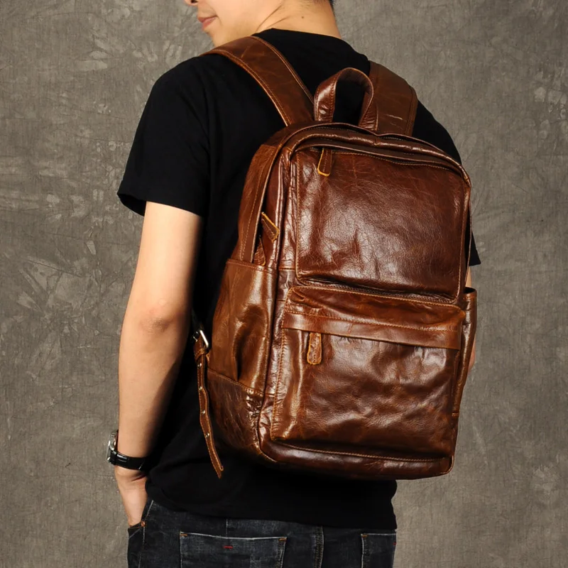 Shoulder Bag Men Genuine Leather Casual Laptop Bag Male Brown Travel Backpack New Retro Oil Wax Leather Trend Top Layer Leather