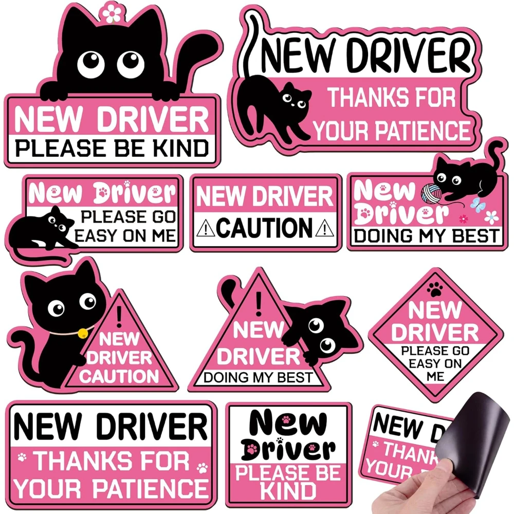 Funny Cat Student Driver Magnetic Markers 10Pcs, Decorative Truck Bumper Signs, Multi-option Auto Magnets for New Drivers